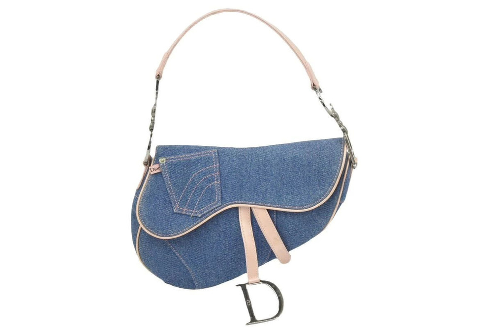 Christian Dior Handbag Denim Saddle Bag Blue Pink Patent Vernis Leather